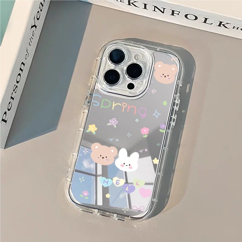 เคสโทรศัพท์สะท้อนลายตัวละครและดอกไม้สีสดใส เคสกรอบใส+ผิวสะท้อน เคส iPhone17/16/15 Pro Max/14/13/12/11 | เคสกันกระแทก