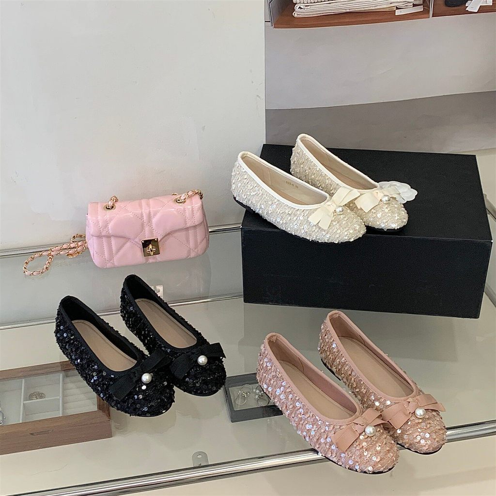 TT Sweet Sequined Bow รองเท้าบัลเล่ต์แบนมีโบและคริสตัลระยิบระยับ