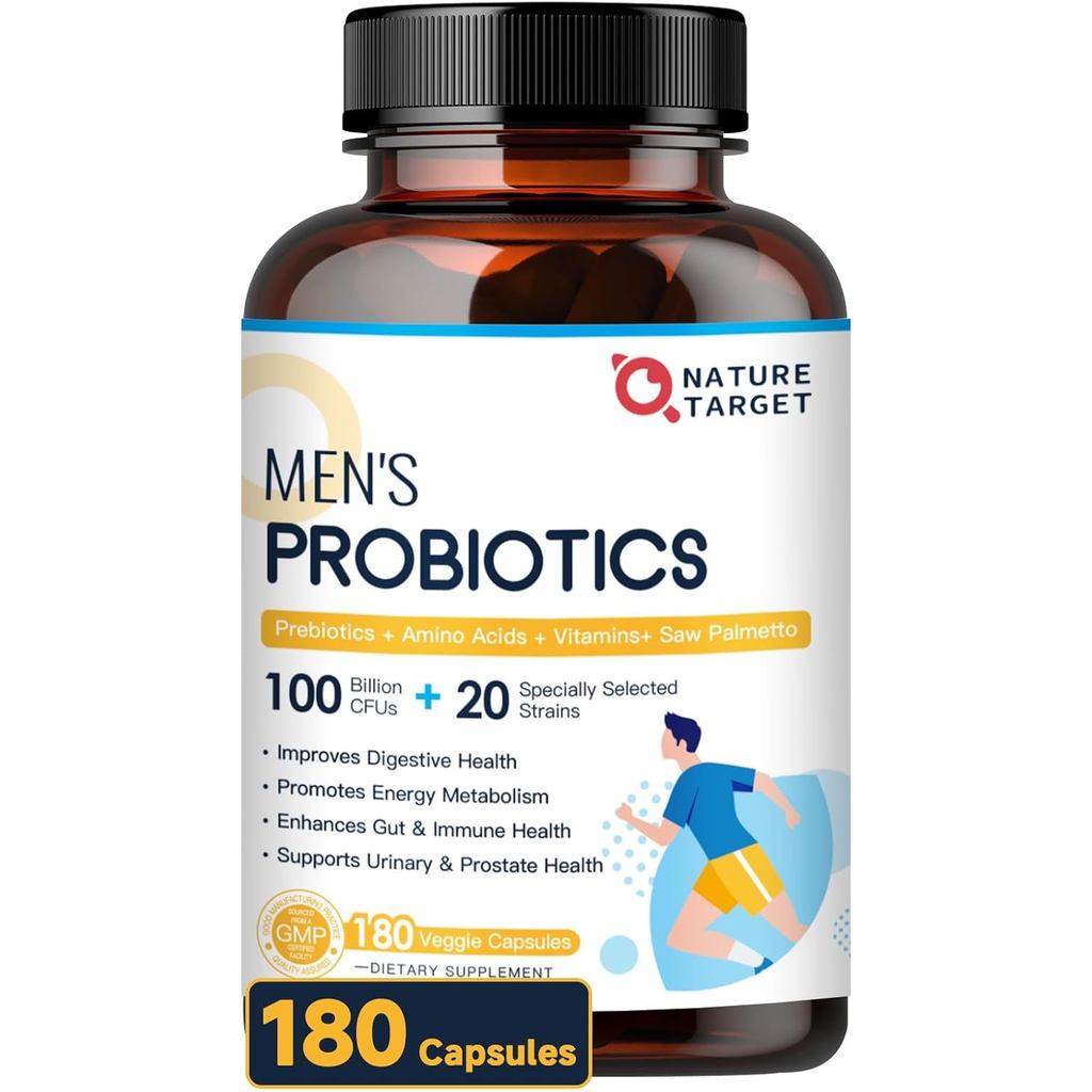 NATURE TARGET Probiotics for Men, 100 Billion CFUs Probiotics for Digestive Health with Enzymes & Pr