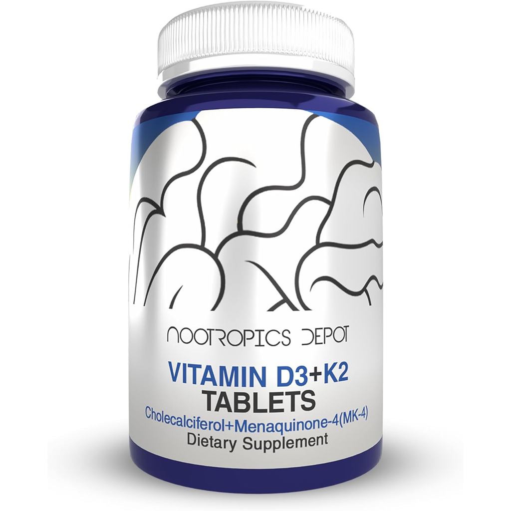 Nootropics Depot Vitamin D3 + K2 with Vitamin C Tablets | 60 Count | Cholecalciferol + Menaquinone-4