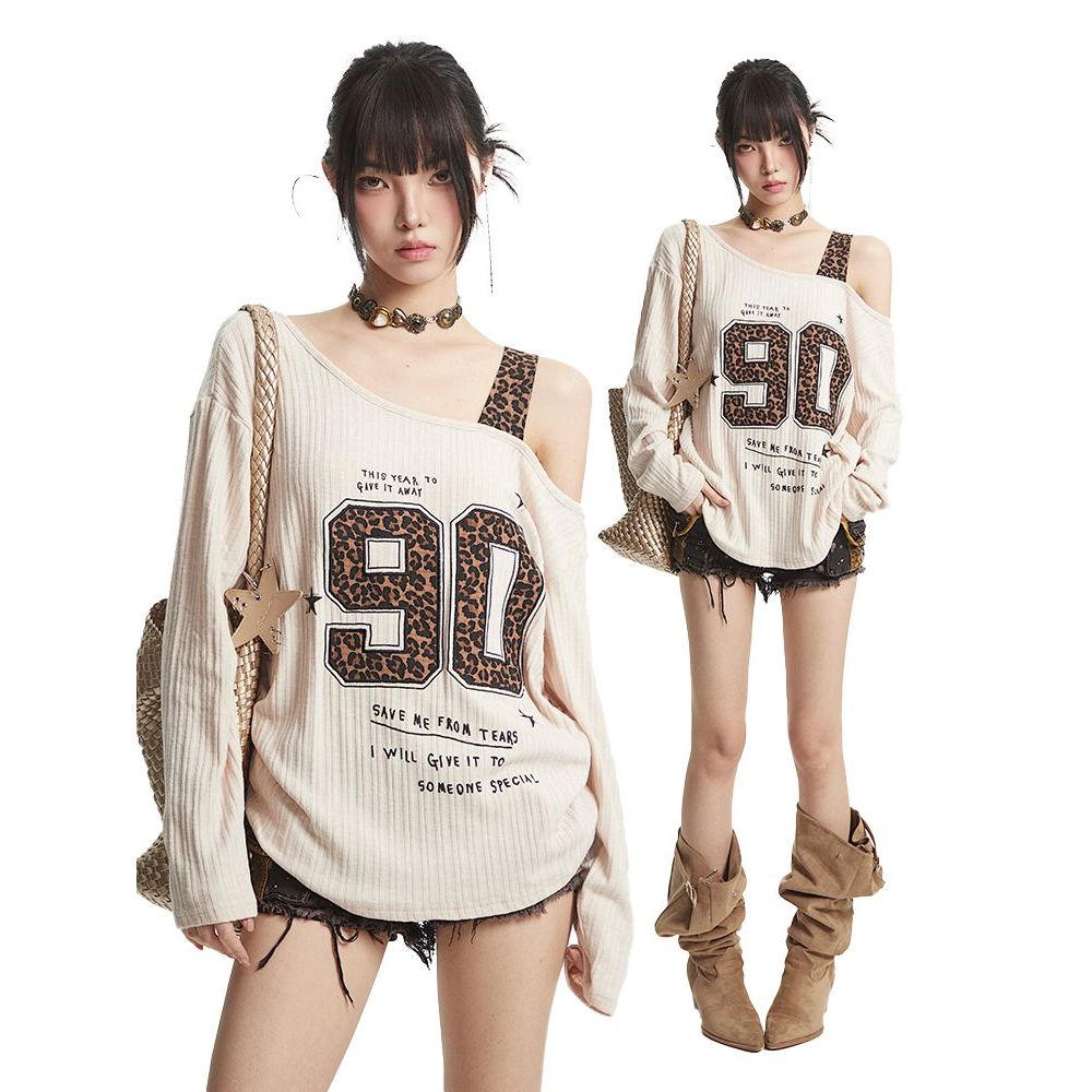 เสื้อยืดไหล่เอียงแขนยาวสำหรับผู้หญิง พิมพ์ลายเสือดาวสไตล์แฟชั่นหลวม