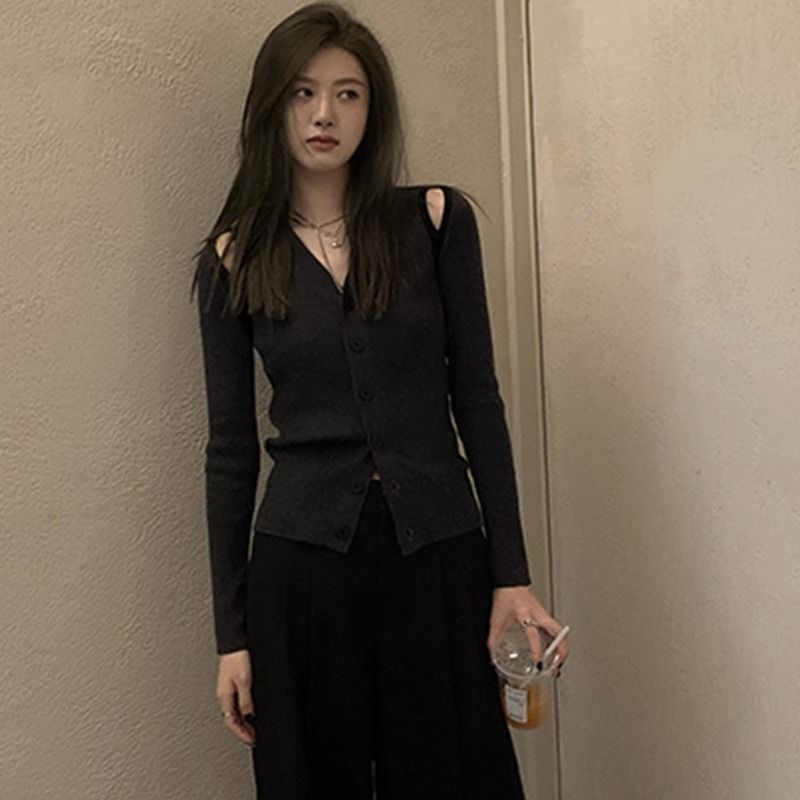 ใหม่อินเทรนด์บางอ่อนโยนสัมผัสเสื้อกันหนาวเสื้อคอปก vccod Bottoming แขนยาวไหล่แฟชั่นผู้หญิงเสื้อถักด้