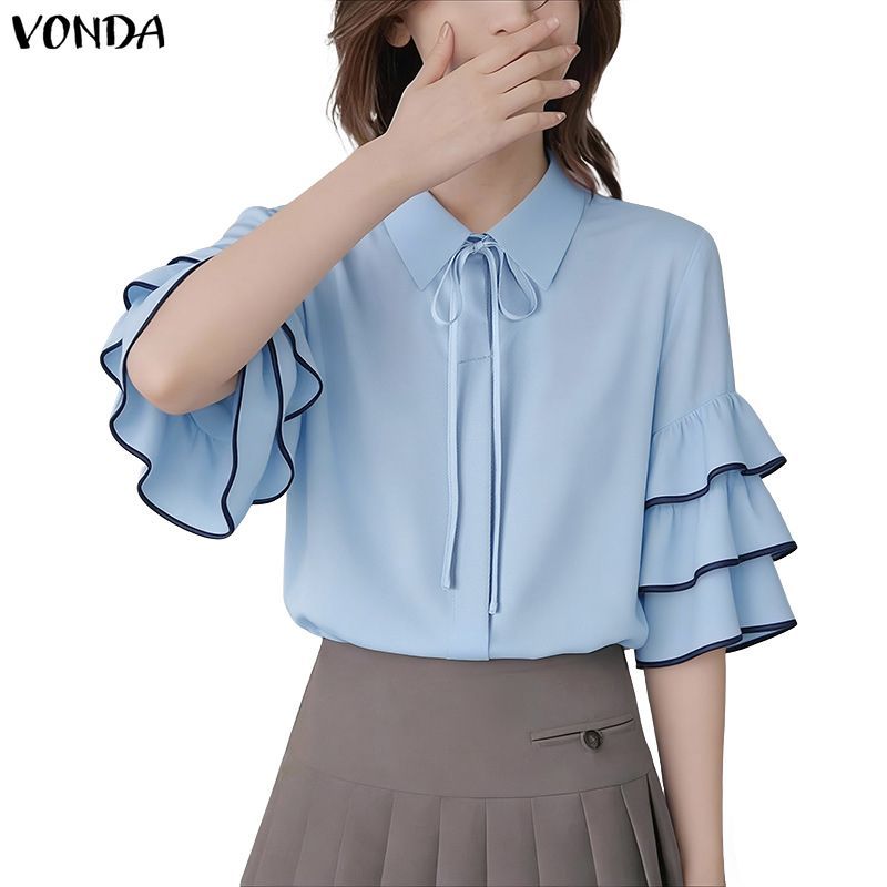 VONDA ผู้หญิงเกาหลี Girlish Sweet Lapel Layered Ruffled แขน Tie-Up Bows Contrast สีเสื้อ