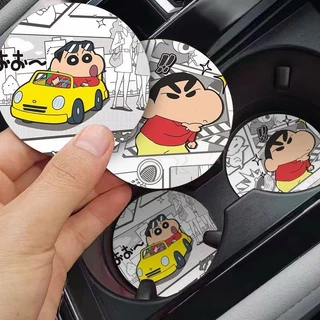 🚗 EAZIOR แผ่นรองช่องวางแก้วรถยนต์ลาย Crayon Shin-chan 2 ชิ้น หนัง PU กันน้ำ กันลื่น เช็ดทำความสะอาดง่าย ขนาด 7.1 ซม. ของแต่งรถการ์ตูนน่ารัก