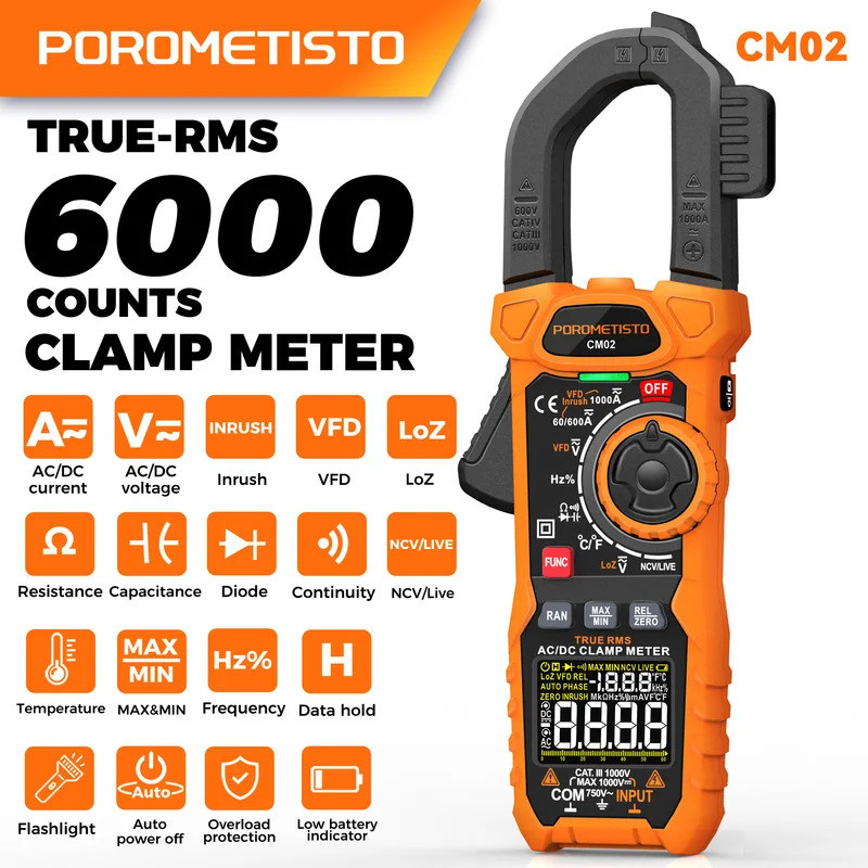 CM02 Digital Clamp Multimeter 6000 นับ Dual Impedance True RMS มัลติมิเตอร์ AC/DC Current Capacitor 