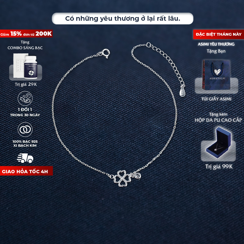 Asimi Four Leaf Clover S925 Silver Womens Anklet, Lucky Italian Silver Anklet Companion Everluck Clo