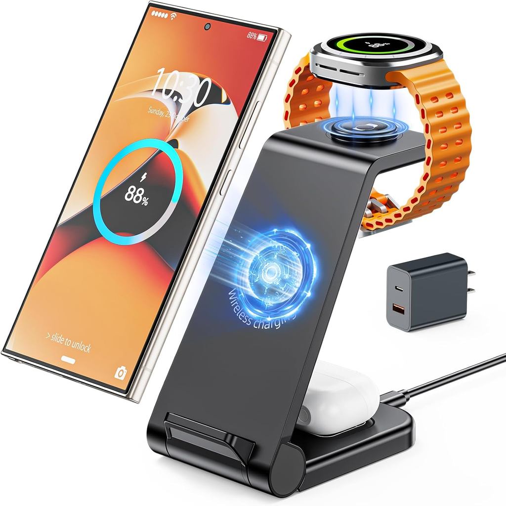 Wireless Charger สําหรับ Samsung, 3 in 1 สถานีชาร์จไร้สายสําหรับ Samsung Galaxy Watch 8 7 6 5 4 3 Pr