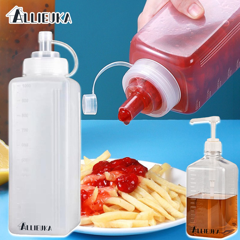Allieuka ขวดบีบซอส ขวดพลาสติกใส 800/1000ml พร้อมฝาปิด อุปกรณ์ครัว ร้านอาหาร พร้อมสเกลบอกปริมาณ
