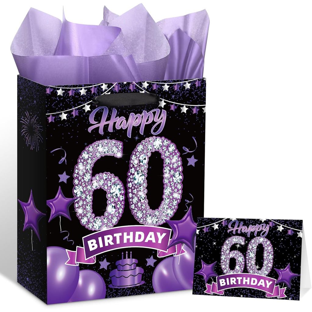 สีดําสีม่วง 60th กระเป๋าของขวัญวันเกิด Happy 60th Birthday Greeting Card และกระดาษทิชชูสําหรับผู้หญิ