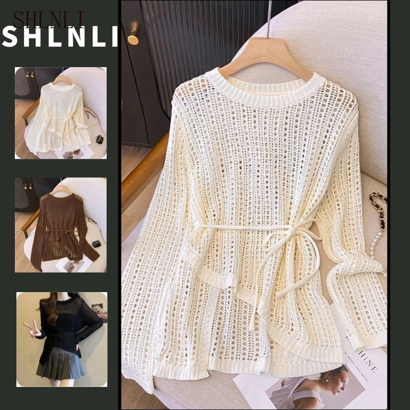 เสื้อกันหนาวสตรีสำหรับฤดูใบไม้ผลิและฤดูร้อน แบบอเนกประสงค์ สีทึบ มัดเอวสวยงาม