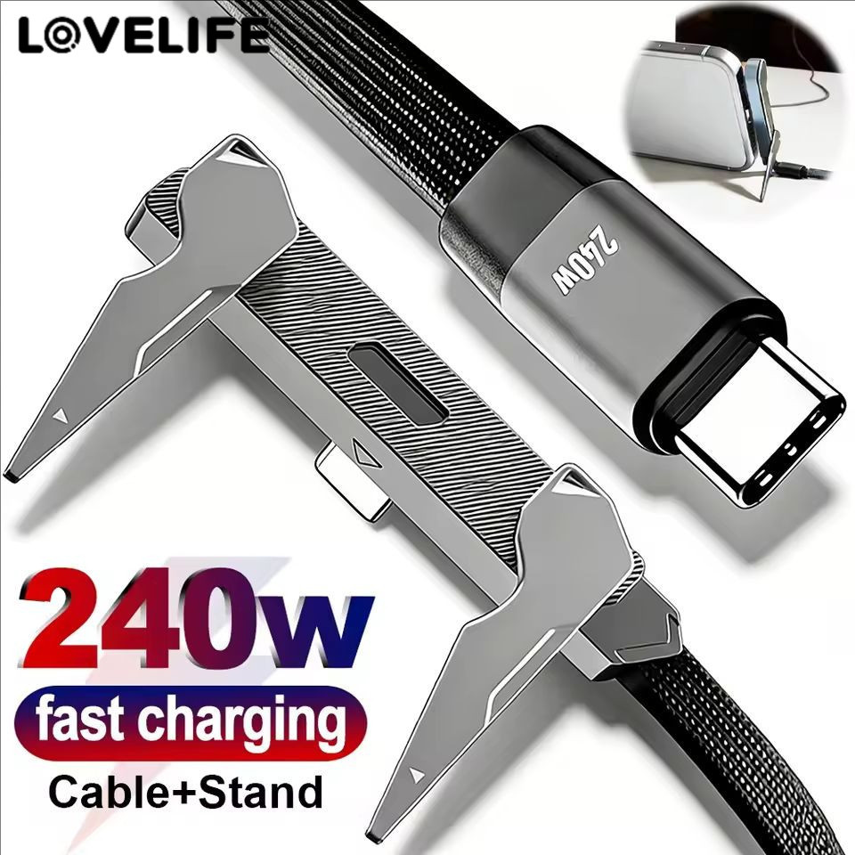 [AUTO&3C]สายเคเบิลรูปตัว L ชาร์จเร็ว 240W พร้อมขาตั้งโลหะแบบพับได้โลหะผสมสังกะสี 90° ขั้วต่อมุม & ไนลอนถัก