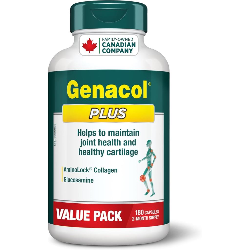 Genacol Plus – กลูโคซามีนและคอลลาเจน | พอร์ต สุขภาพร่วมและช่วยบรรเทาอาการปวดข้อในสะโพก ไหล่ ข้อเท้าและเข่า แพ็คคุ้มค่า 180 แคปซูล (60 วัน ชั้น)