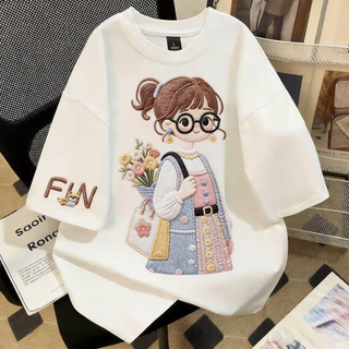 TEE·SHOP🍀เสื้อยืดฟอก เสื้อวินเทจ เสื้อยืด oversize ลาย 'FIN girl' เกาหลี เท่ห์มาก พิมพ์ลาย ผ้านิ่มใส่สบาย S-3XL COD📦