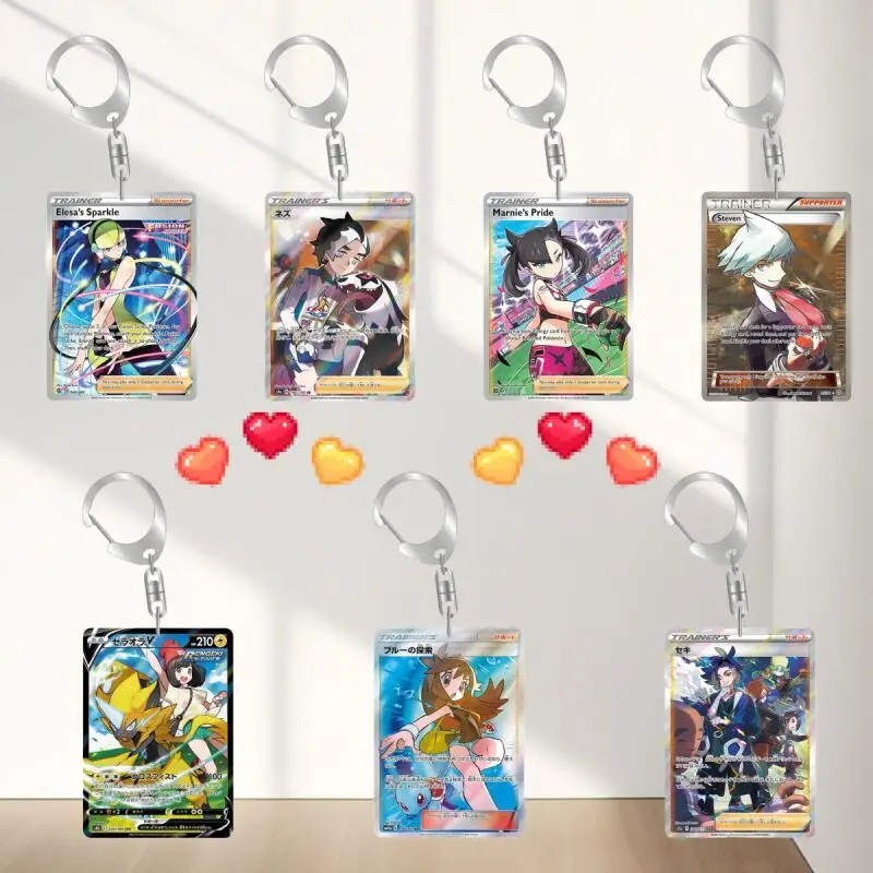 Pokemon พวงกุญแจการ์ด TCG อะนิเมะอะคริลิคตัวอักษร Marnie Elesa Steeven Adaman Zeraora กระเป๋าเป้สะพา