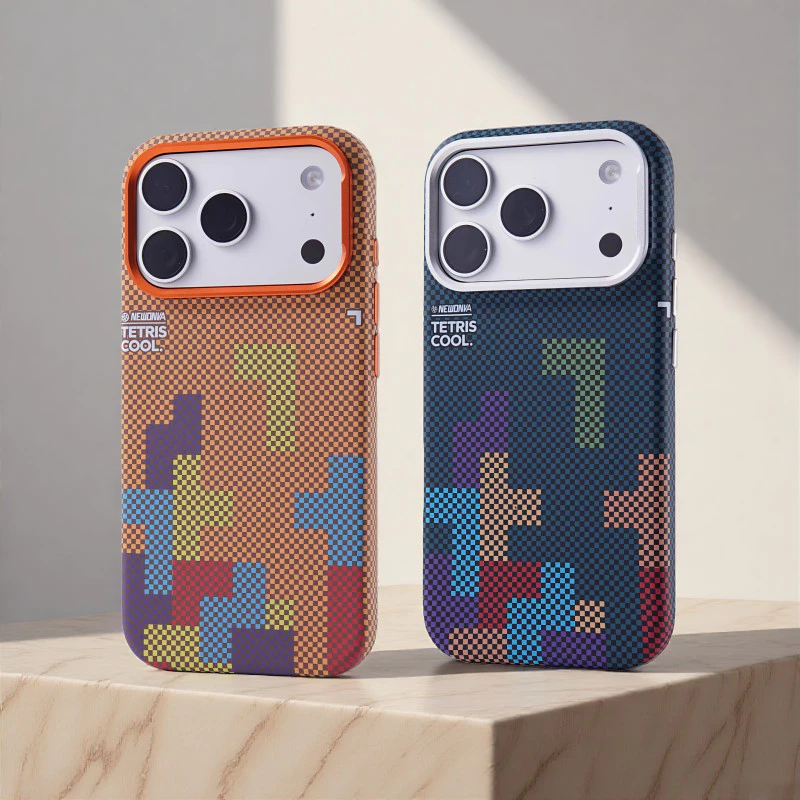 Tetris Pattern Carbon Fiber Texture/matte acrylic hard Case สีส้ม เคส เข้ากันได้ สำหรับ iPhone 14 15 16 17 pro max Case