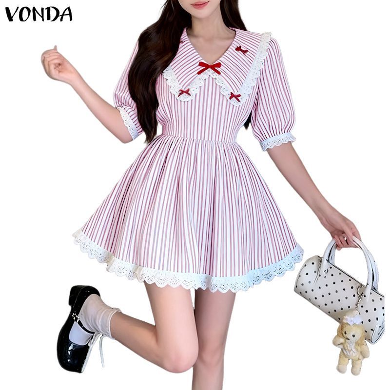 VONDA กระโปรงเอวทรง A-line สไตล์เกาหลี ลายทางและเชือกโบว์ สำหรับสาวๆ