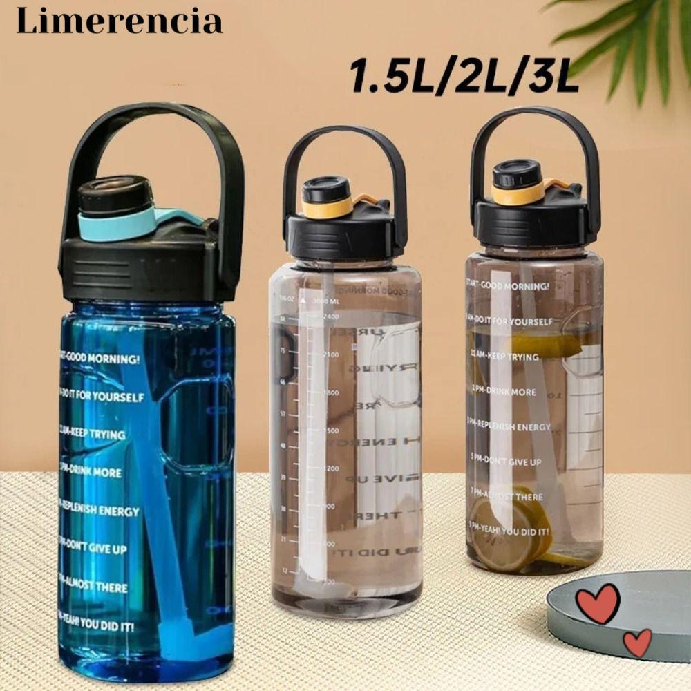 LIMERENCIA Sports Water Bottle, with Time Marker 1.5L/2L/3L Drink Bottle, Leakproof Large Capacity W