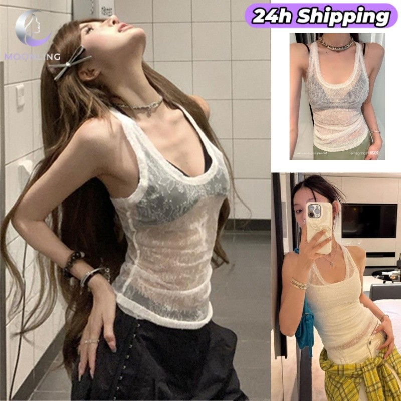Moonling 'พร้อมส่ง' เสื้อกล้ามซีทรู คอลึก ลายลูกไม้ สุดเซ็กซี่ ต้อนรับซัมเมอร์ ไม่มีบรา พอดีตัว FY258