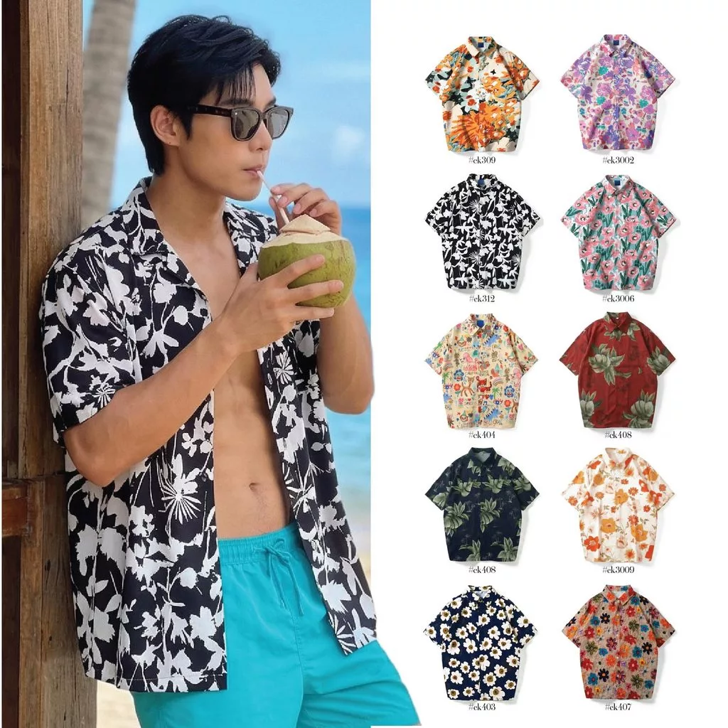 เสื้อฮาวายผู้ชาย ลายดอกสีดำ ผ้าไหมอิตาลี แขนสั้น #312