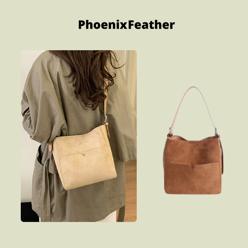 Phoenix Feather  วินเทจลําลองสีทึบหนังนิ่มกระเป๋าสะพายข้างเดียวมีสไตล์ทนทานความจุขนาดใหญ่กระเป๋าสะพา