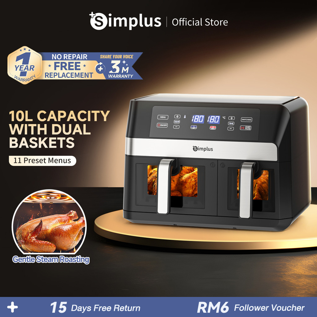 Simplus Air Fryer 2800W丨ตะกร้าคู่ 10L หน้าจอ LCD ความจุขนาดใหญ่พิเศษ 11 โปรแกรมที่ตั้งไว้ล่วงหน้ามุม