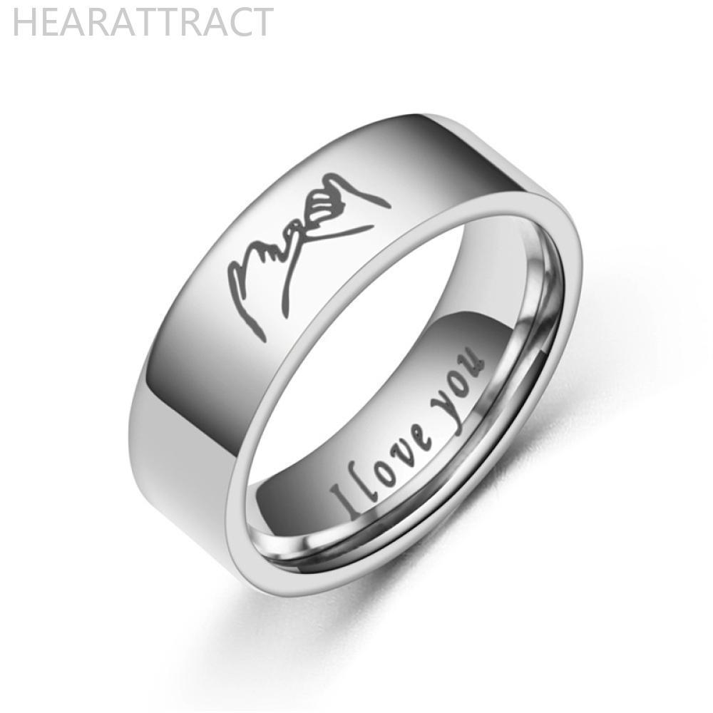 HEARATRACT 6mm แฟชั่นแหวนสแตนเลส i love you คู่เงินสีดําคู่ครบรอบเครื่องประดับวันวาเลนไทน์ E9J2