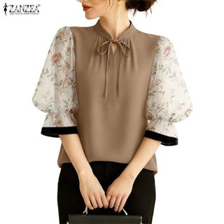 ZANZEA เสื้อแฟชันเกาหลีสำหรับผู้หญิง สไตล์เรโทร แขนพัฟ 3/4 พ…