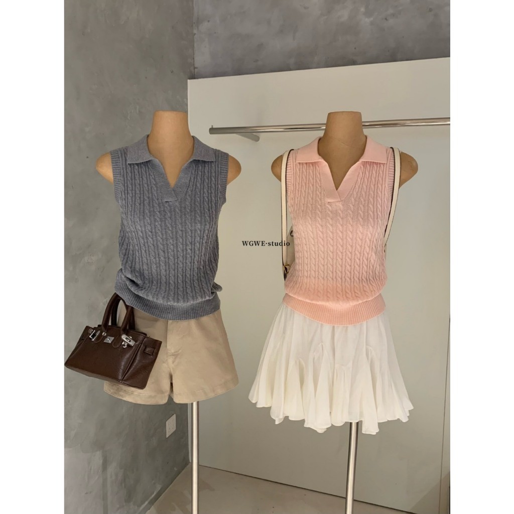 ❤ 🧵 🇰🇷 W8528 เสื้อแขนกุด คอปก ผ้าทอลายเปีย ผ้ายืดหยุ่นได้ดี ผ้านิ่มใส่สบาย สีแมทซ์ง่าย  แฟชั่นเกาหลี TAG WG.WE 🧵🧡 - รูปที่ 7