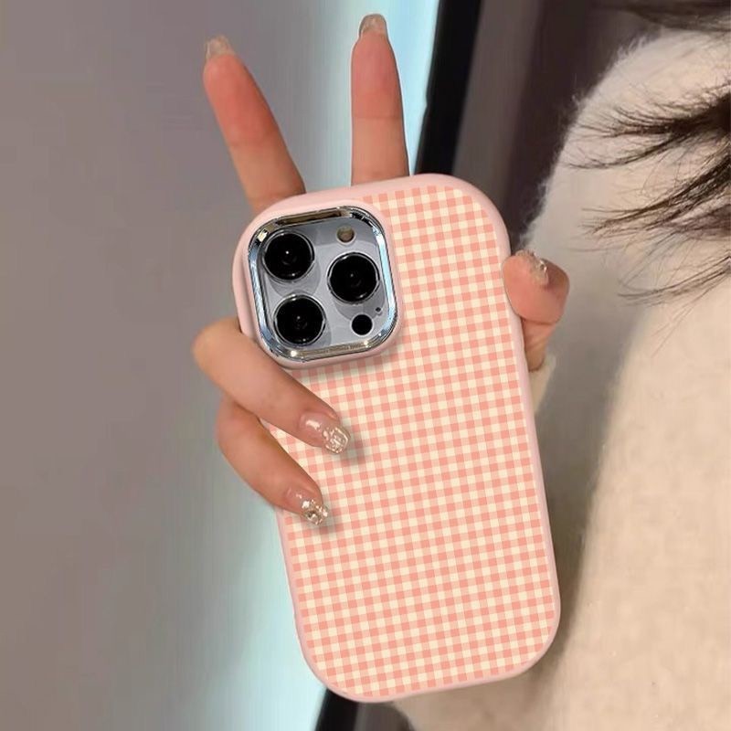 ตาข่ายสีชมพูเรียบง่ายเหมาะสําหรับ 16/17 เคสโทรศัพท์ iPhone 13 พร้อมกรอบโลหะ 7p/8p รุ่น iPhone 14/15