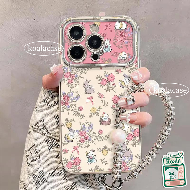 สำหรับ iPhone 13 16 15 17 11 12 14 Pro Max 7 8 16 15 14 Plus XR X XS Max เคสหน้าต่างใหญ่ชุบสี6D ลายดอกสวยสีอ่อน