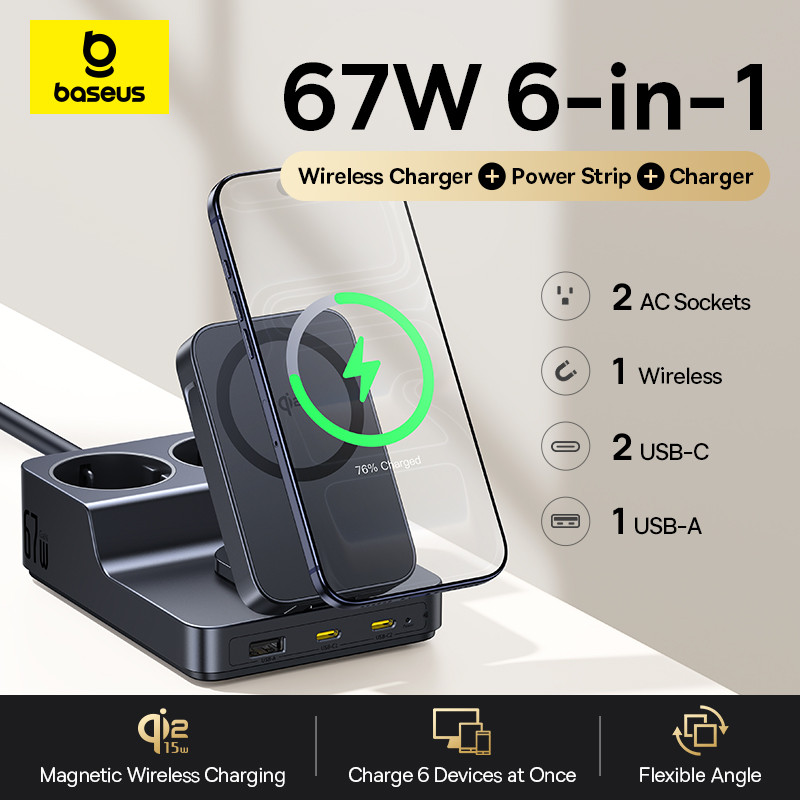 Baseus ใหม่ 6-in-1 Power Strip 67W Fast Charger พร้อม Qi2 Wireless Charger 2AC ซ็อกเก็ต USB C สําหรั