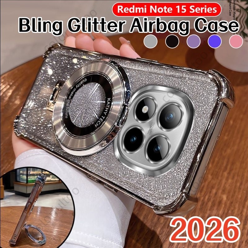 ปลอกสําหรับRedmiหมายเหตุ15 Pro Plus 15Pro + 5G 2026โปร่งใสGlitter Blingนุ่มเคสโทรศัพท์แม่เหล็กแหวนผู้ถือถุงลมนิรภัยป้องกันปกหลังสําหรับRedmi Note15 Note15Pro 5G 4G