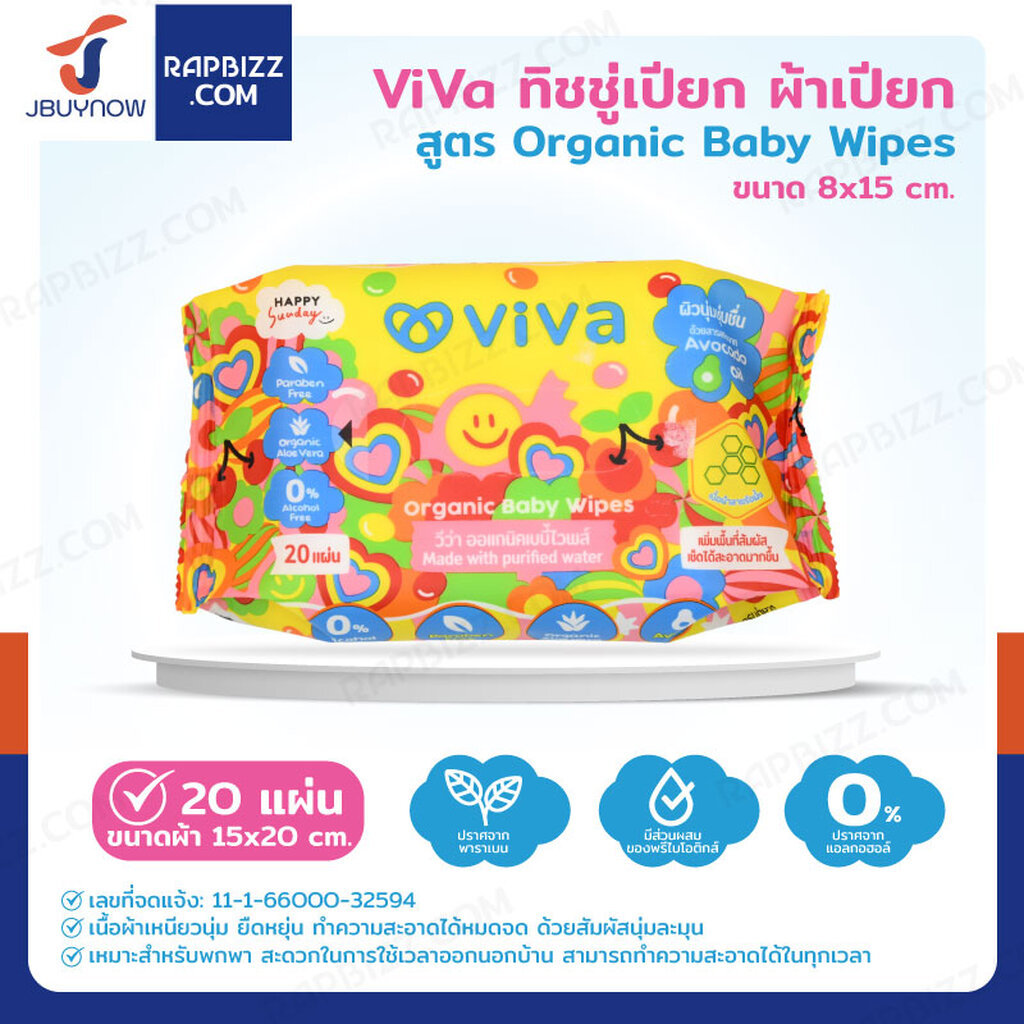 ViVa x Happy Sunday ทิชชู่เปียก ผ้าเปียก สูตร Organic Baby Wipes 20 แผ่น