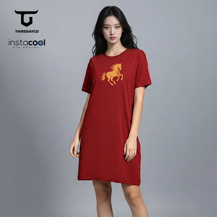 THIRDDAY Sincah 2026 CNY Womens Chinese New Year T-Shirt Dress "horse" สีเลือดหมู LTH33