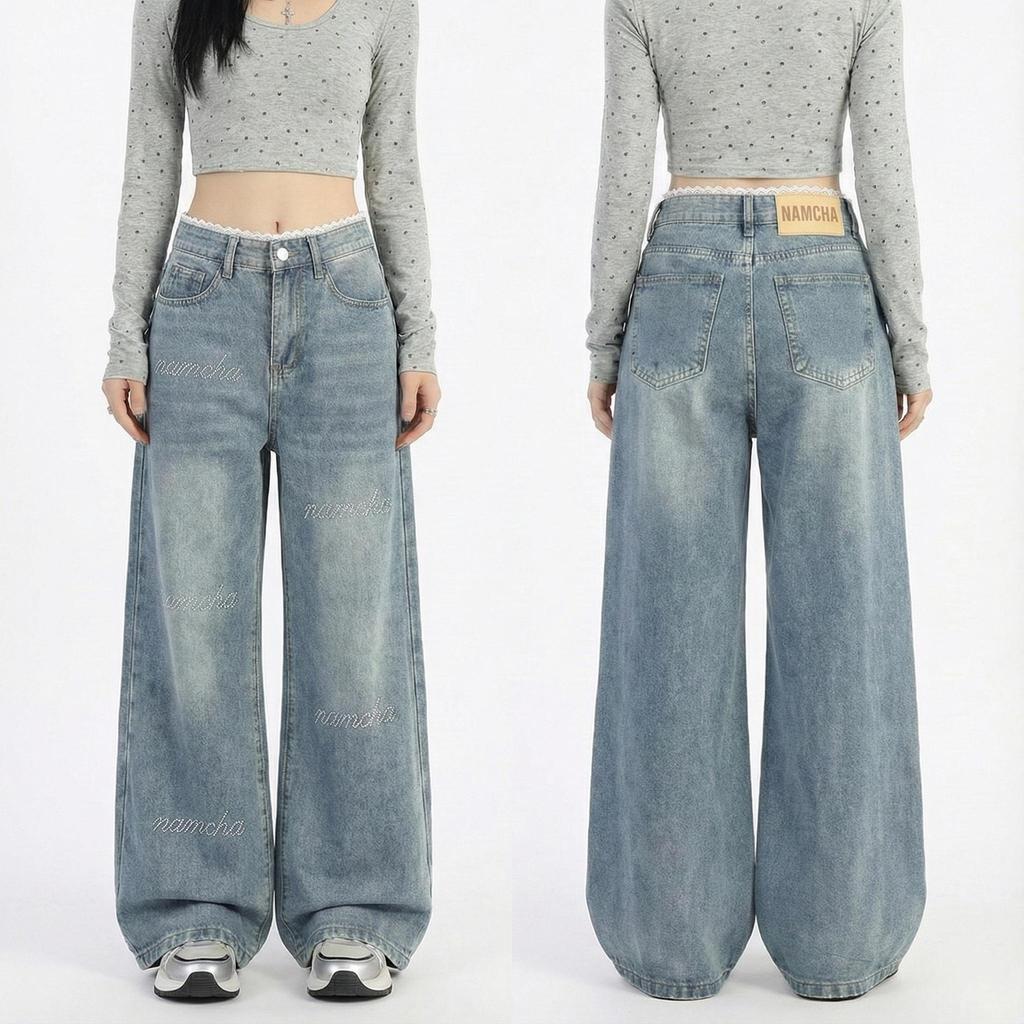 NAMCHA กางเกงยีนส์ทรงกระบอกกลาง กางเกงยีนส์ทรงกระบอกกลางเอวสูง ติดเพชรNAMCHA แต่งขอบลูกไม้ สียีนส์ 3