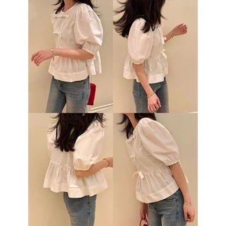 ❤easy❤ผู้หญิง ฝรั่งเศส โบว์ ผูกขึ้น เสื้อแขนสั้น เสื้อเชิ้ต สายรัด แขนพอง ตัวเล็ก เสื้อ