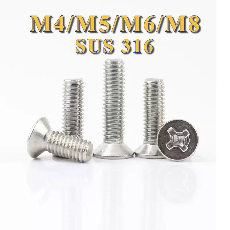 M4 M5 M6 M8 น็อต สกรู หัวเตเปอร์ แฉก F+ สแตนเลส 316 เกลียวมิล หยาบ GB819 Flat Head Phillip Machine Screw SUS316 Stainless 316 L6-100 mm [PY-TH1]