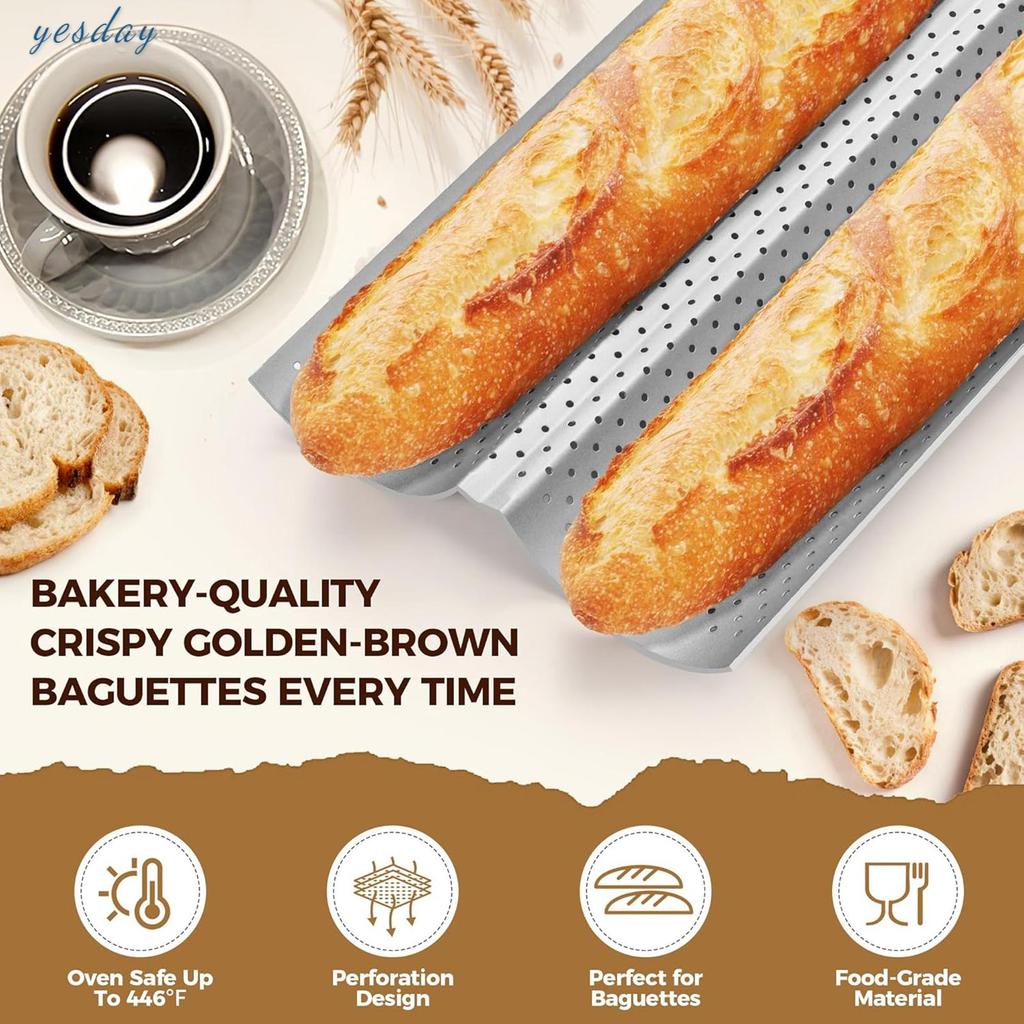 Baguette Nonstick-Pans สําหรับอบขนมปังฝรั่งเศส Premium 2 Slots Baguette-Tray สําหรับ Sourdough อบขนม