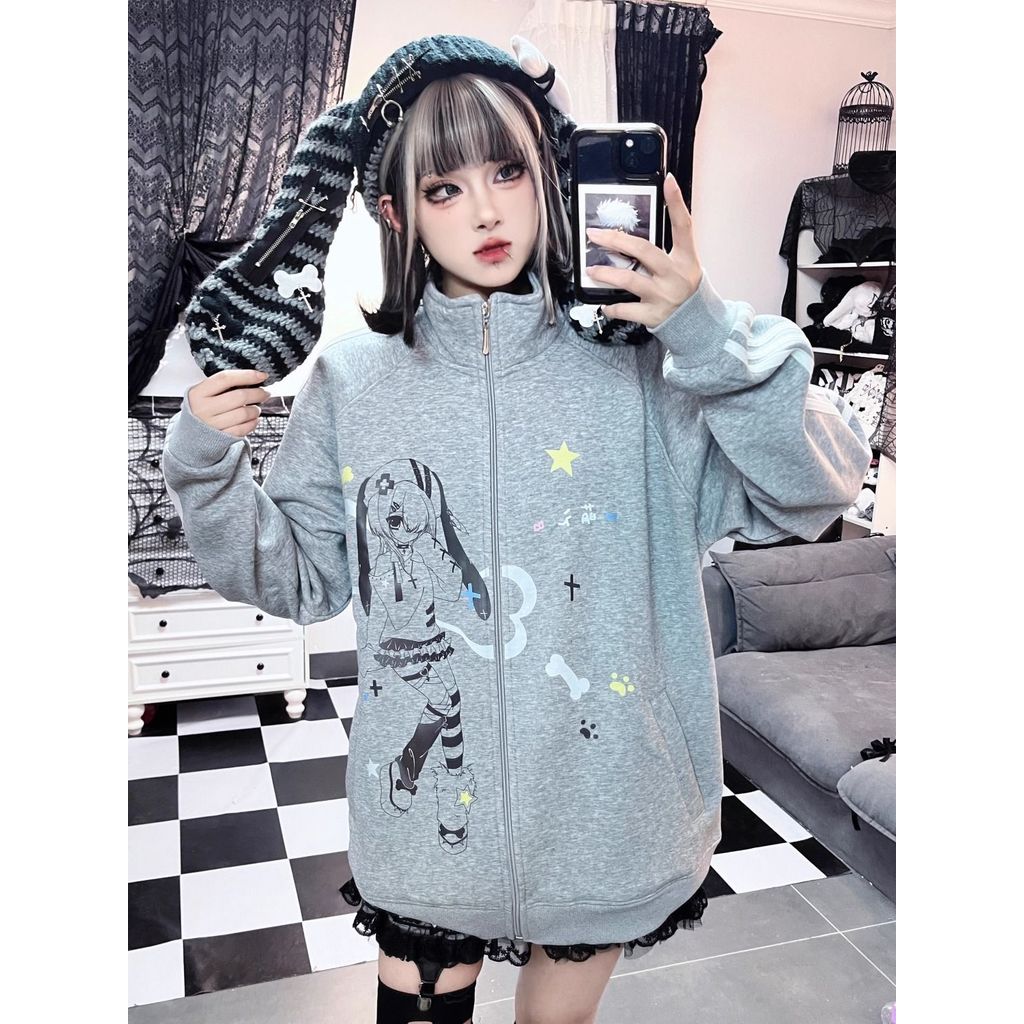 Top Collar Stand-Up Guard Long-Sleeved Retro Cardigan Casual Asian Culture Jacket หลวมเสื้อผ้าญี่ปุ่