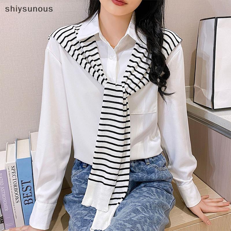 [shiysunous] ผ้าคลุมไหล่ถักลายทางเกาหลี - ผ้าพันคอคอปกสตรีฤดูหนาวและแจ๊กเก็ต FFF