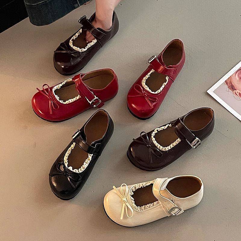 French Retro Lace Mary Jane Shoes All-Matching Outer Wear round Toe Bowknot 8M5P