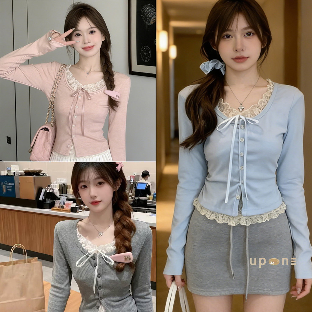 เสื้อยืดแขนยาวแฟชั่นผู้หญิง ดีไซน์ลูกไม้โบว์