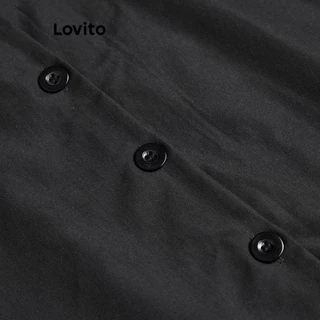 Lovito ชุดเดรสผู้หญิง มีกระดุม สีพื้น แต่งขอบสี สไตล์หรูหรา L104ED692