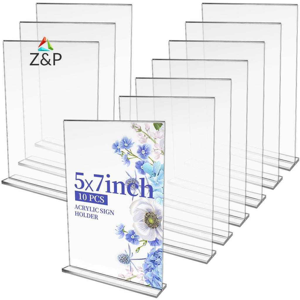 Z&P GANGBARU 10 Pa 5 X 7 นิ้วผู้ถือป้ายอะคริลิคใสสองด้านแนวตั้งขาตั้งจอแสดงผล T รูปร่าง Flyer เมนู B