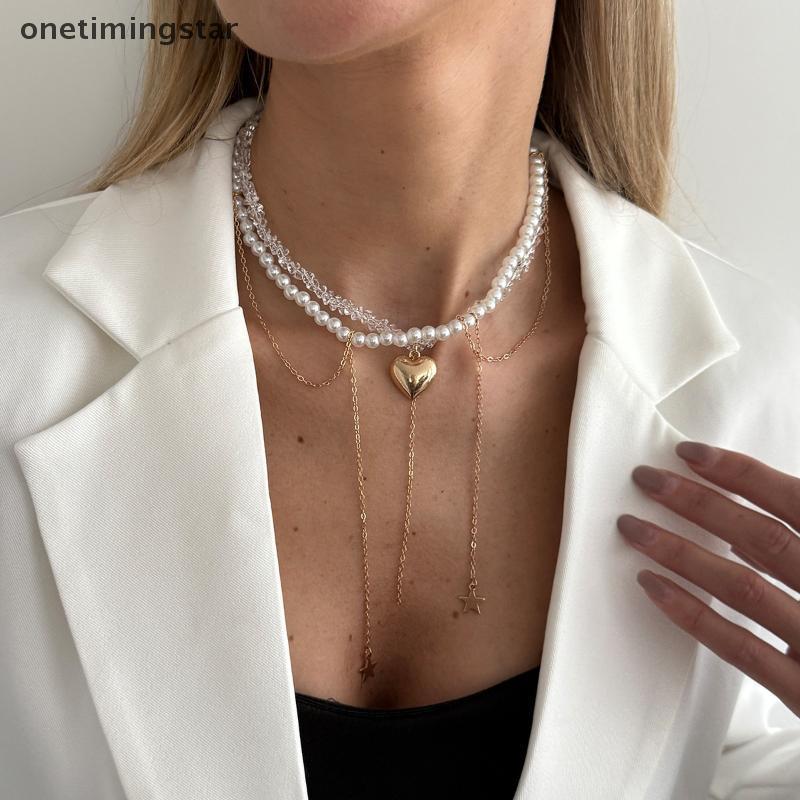 Onetimingstar สร้อยคอมัลติเลย어รูปดาวห้าแฉกพร้อมหัวใจ พลอยเม็ดใหญ่ อินเทรนด์และสร้างสรรค์ OMS