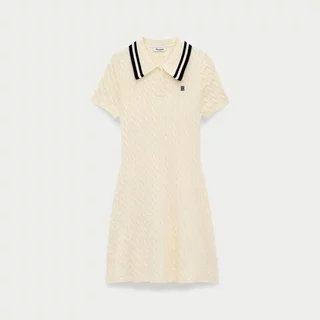 [Pomelo] เดรสโปโลแขนสั้นผ้าถักลายนูนแต่งขอบคอปกสีตัดกัน / Contrast Trim Collar Cable Knit Short Sleeve Polo Dress