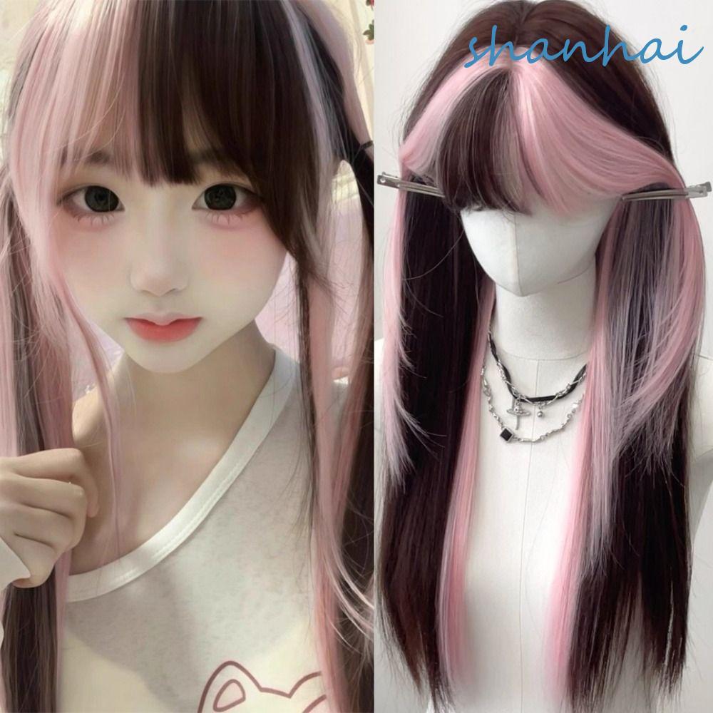 วิกผมสังเคราะห์สำหรับคอสเพลย์และโลลิต้าแฟชั่น สีชมพูมีไฮไลท์ ทรงผมยาวตรงธรรมชาติ
