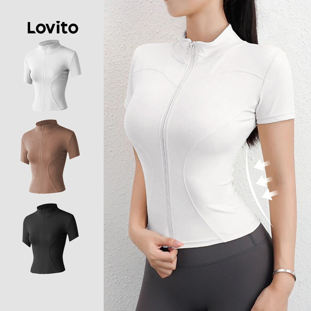 Lovito เสื้อแจ็คเก็ตกีฬาสำหรับผู้หญิง ดีไซน์สปอร์ต สวมใส่สบาย ยืดหยุ่นได้ 4 ทิศทาง สีขาว เหมาะสำหรับวันสงกรานต์ LNA133031