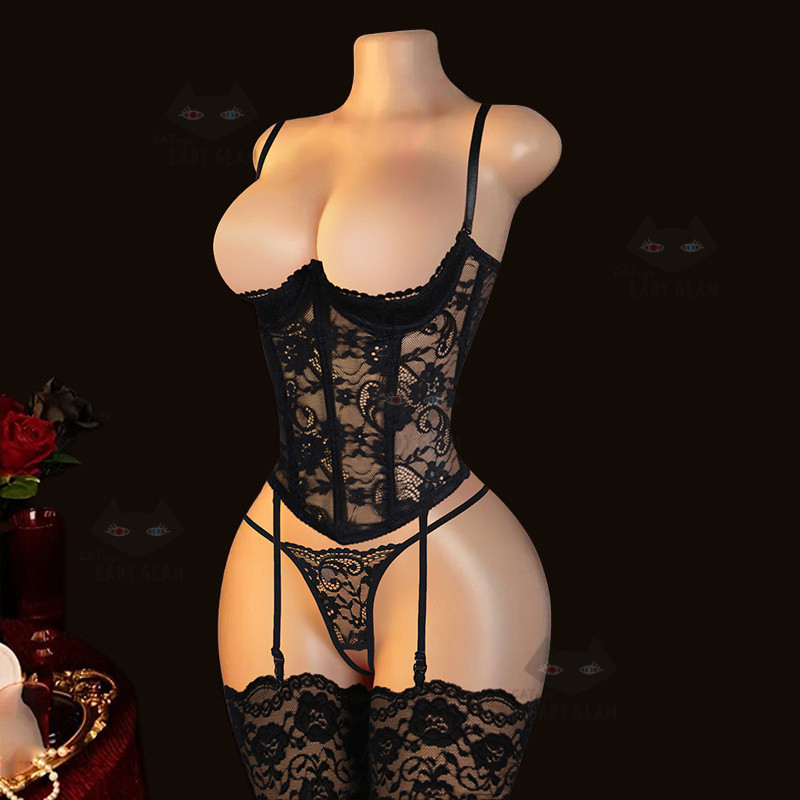 CATeye04131 LadyGlam Gorgeous Elegant ชุดชั้นใน, ลูกไม้เย็บปักถักร้อย Garters demi-cup Bustier ชุดชั้นในชุด