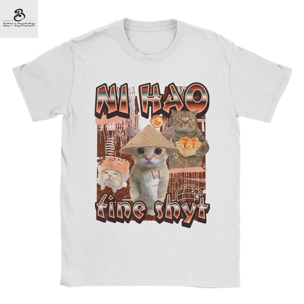 Ni Hao Fine Shyt cat เสื้อยืดคอกลมลําลองแมวตลกสร้างสรรค์ยุโรปและอเมริกา